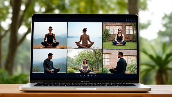 An online platform displaying a virtual mental health retreat session with participants engaging in meditation, yoga poses, and group discussions, set against a serene background of nature scenes and calming music, evoking a sense of relaxation and tranquility.