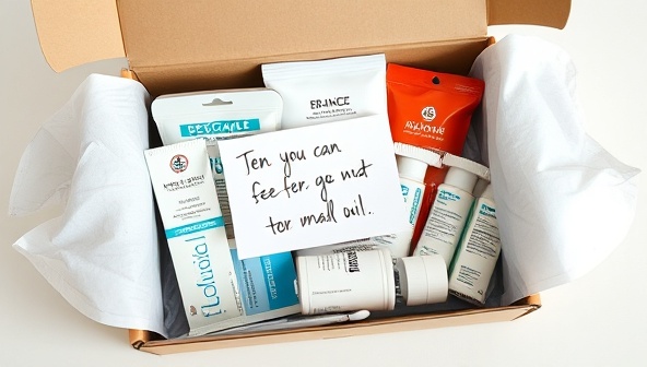 An elegantly designed subscription box filled with medical supplies neatly arranged, accompanied by a handwritten note expressing care and support, evoking a sense of comfort and reliability.