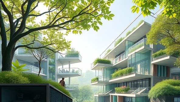 An abstract digital artwork depicting a harmonious blend of nature and modern architecture, symbolizing the integration of sustainability into architectural design practices.