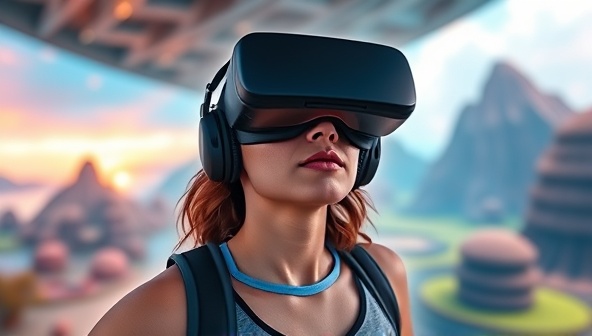 An immersive VR environment displaying a user wearing a headset, engaging in a virtual workout adventure surrounded by vibrant digital landscapes and interactive fitness challenges, creating a futuristic and dynamic fitness experience.