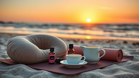 A serene travel setting with a cozy travel pillow, essential oils, a yoga mat, and a calming tea set up on a tranquil beach at sunset, conveying a sense of relaxation and well-being amidst travel.