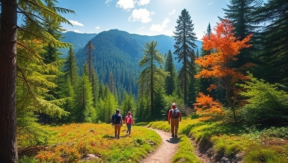 A picturesque image of a lush forest trail with hikers exploring the vibrant scenery, surrounded by towering trees and wildlife, capturing the essence of adventure and discovery with TerraTrails nature exploration subscription.