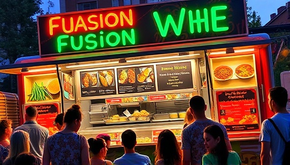 A vibrant food truck setting with colorful signage, bustling crowds, and a diverse menu of fusion dishes being prepared and served, capturing the energetic and dynamic atmosphere of FlavorFusion Wheels' immersive culinary experiences on wheels.