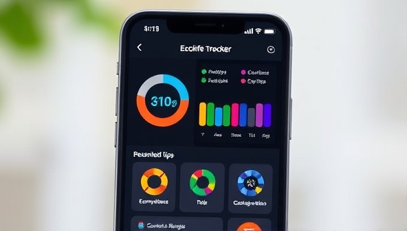 A smartphone screen displaying the EcoLife Tracker app interface, with colorful energy consumption charts, personalized eco-tips, and achievement badges, encouraging users to monitor their progress and adopt sustainable habits in a visually appealing and user-friendly way.