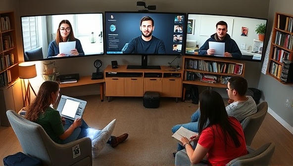 A virtual writing circle setting with writers connecting via video conferencing, sharing their screens, and discussing their projects in a supportive and collaborative atmosphere, symbolizing the power of accountability and community in creative endeavors.