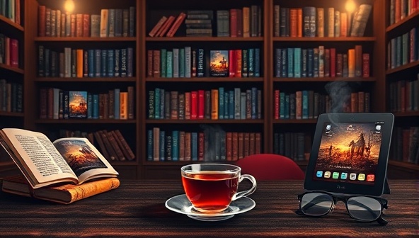 An artistic representation of a virtual library with glowing e-readers displaying captivating book covers, surrounded by cozy reading nooks, a steaming cup of tea, and a pair of reading glasses, evoking a sense of literary escape and discovery.