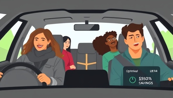An illustration of a diverse group of commuters sharing a ride in a car, with a digital map interface displaying optimized routes and cost savings, symbolizing community, sustainability, and efficient transportation.