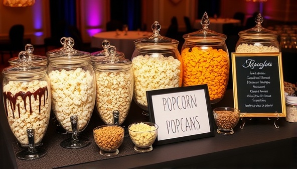 An elegant event setup with a stylish popcorn bar featuring a variety of gourmet popcorn flavors in decorative glass jars, colorful mix-ins like chocolate drizzles and nuts, and a sign displaying 
