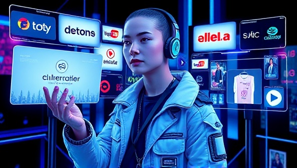 An artistic rendering of a virtual influencer with futuristic clothing and accessories, interacting with digital screens displaying brand logos and products, representing the blend of virtual and real-world marketing.