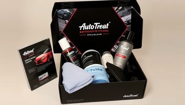 A sleek black box adorned with automotive-themed graphics, filled with premium car care products, microfiber towels, and detailing tools, reflecting the luxury and exclusivity of the AutoTreat Subscription Box service, designed for car enthusiasts who appreciate quality and personalization.