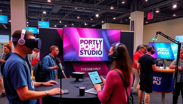 A vibrant pop-up studio setup at a bustling local event, with attendees trying out VR headsets, listening to a live podcast recording, and interacting with cutting-edge tech gadgets, a branded backdrop displaying 