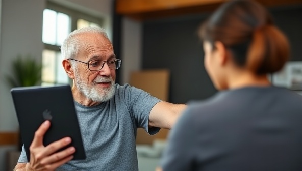 An elderly individual engaged in a virtual fitness session with a coach, showcasing the inclusivity and personalized approach of SilverFit Solutions for seniors' fitness needs.