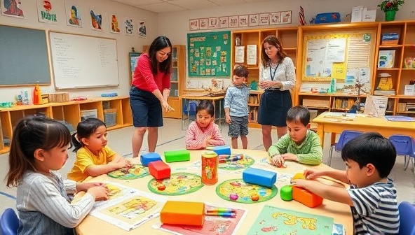 An engaging classroom setting with colorful educational games and activities, children actively participating and learning while having fun, with enthusiastic teachers facilitating the interactive learning experience.