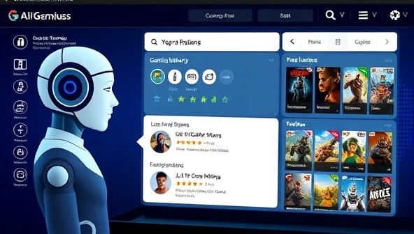 An AI-powered virtual assistant analyzing a user's gaming history and preferences, with a digital display showing personalized game recommendations, user ratings, and gameplay trailers, illustrating the intelligent and customized experience of GameGenius AI's recommendation platform.