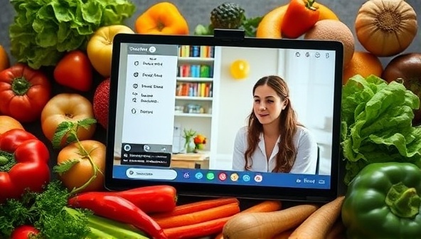 An enticing visual of a virtual nutrition coaching session with a nutritionist discussing meal plans and dietary recommendations with a client via video call, surrounded by fresh fruits and vegetables, conveying nutritional expertise and personalized support.