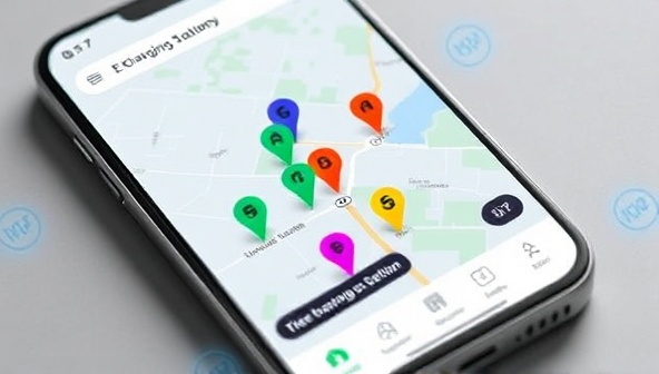A sleek and modern mobile app interface showing a map with colorful pins representing nearby EV charging stations, with a user-friendly design and intuitive navigation features.
