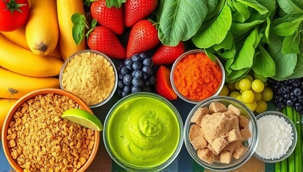 An inviting image of a variety of fresh fruits, leafy greens, and superfood powders neatly arranged in colorful bowls, ready to be blended into vibrant and nutritious smoothies, showcasing the kit's contents and possibilities.