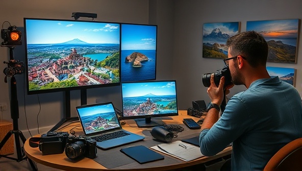 An engaging digital workshop setup with a professional photographer demonstrating composition techniques on a travel photograph, surrounded by camera gear, editing software, and inspirational travel images, inspiring participants to enhance their photography skills through CaptureJourney's online workshops.
