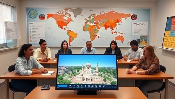 An interactive language classroom setting with a diverse group of virtual participants, a world map backdrop, language learning materials, and a digital interface displaying a virtual tour of a cultural landmark, promoting language immersion and global connectivity.