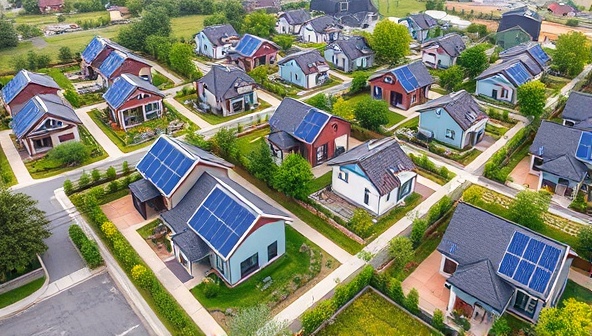 An aerial view of a sustainable eco-home community with modern, energy-efficient houses surrounded by green spaces and solar panels, illustrating the concept of eco-friendly living.