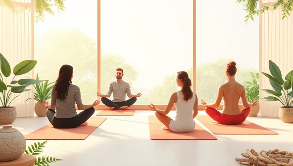A serene digital illustration of a virtual yoga session with participants meditating and stretching in a tranquil setting, surrounded by nature elements and calming colors, capturing the essence of ZenVibe Wellness Online's virtual retreat experience.