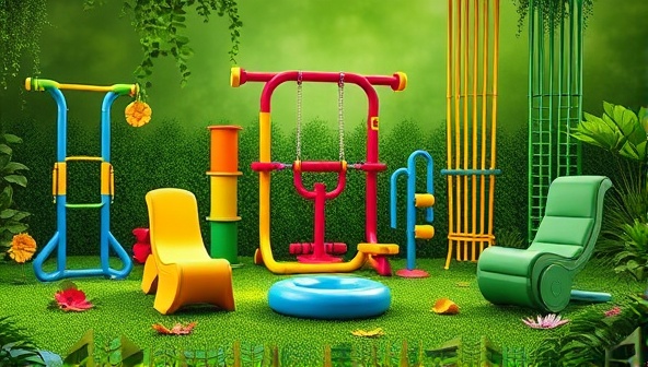 An array of colorful eco-friendly fitness equipment displayed in a lush green setting, surrounded by nature elements like leaves and flowers, conveying a harmonious blend of fitness and environmental consciousness.