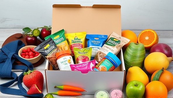 An aesthetically arranged fitness nutrition box filled with colorful snacks, supplements, and wellness items, surrounded by fresh fruits and gym accessories, reflecting a healthy and vibrant lifestyle.