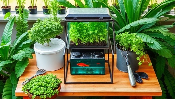 An aquaponics kit displayed on a wooden table surrounded by lush green plants, a small fish tank, and gardening tools, evoking a sense of sustainability and self-sufficiency.
