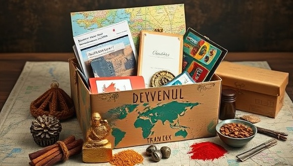 An enticing image of a beautifully wrapped travel adventure box overflowing with colorful trinkets, maps, and exotic spices, evoking a sense of wanderlust and discovery.