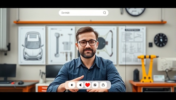 An online platform interface showing a mechanic assisting a user through a video call, with car diagrams and repair tools visible in the background, conveying a helpful and informative virtual consultation experience.