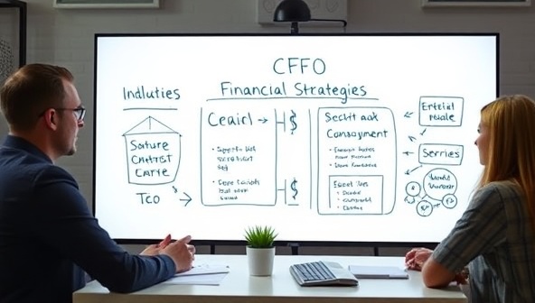 An image of a virtual CFO in a digital meeting with a startup team, discussing financial strategies on a virtual whiteboard, representing collaborative financial planning and support for startups.