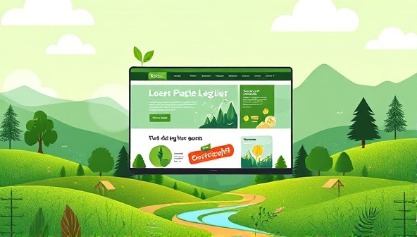 An eco-friendly digital landscape illustration featuring a website design layout with elements promoting sustainability, such as green energy icons, eco-friendly imagery, and nature-inspired color schemes, symbolizing the essence of EcoWeb Solutions' commitment to sustainable web design practices.