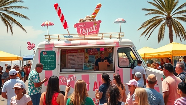 An enticing image of an artisanal ice cream truck adorned with colorful graphics and a vibrant menu board, surrounded by a cheerful crowd of customers enjoying their frozen treats under the sun, evoking joy and nostalgia.