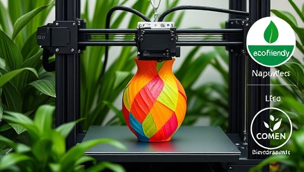 A 3D printer manufacturing a biodegradable vase with vibrant colors, surrounded by lush greenery and eco-friendly branding elements, showcasing the eco-conscious and innovative nature of the business.