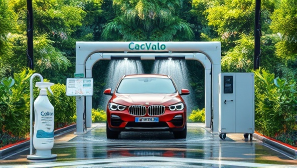 A serene car wash scene featuring eco-friendly cleaning products, water recycling systems, and lush greenery surrounding the washing area, depicting a harmonious blend of nature-friendly practices and automotive care services.
