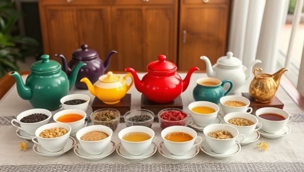 An inviting tea ceremony setup with a selection of colorful teapots, delicate tea cups, and various tea blends from different countries, creating a serene and culturally rich ambiance.