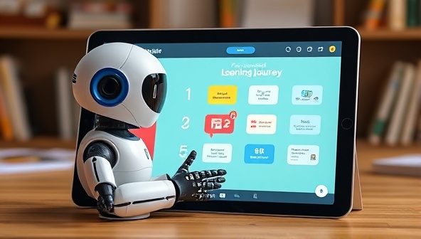 An innovative AI assistant character guiding a user through a personalized learning journey on a tablet screen, with interactive quizzes and engaging educational content in the background, symbolizing adaptive and engaging education technology.