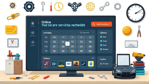 An online dashboard displaying a personalized car maintenance schedule, upcoming service reminders, and a library of DIY maintenance tutorials, surrounded by digital tools and automotive icons, emphasizing convenience and accessibility.