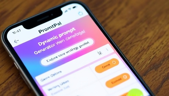 A smartphone screen displaying the PromptPal+ app with a dynamic prompt generator interface, featuring customizable settings, genre options, and a visually appealing design, inviting users to explore new writing ideas and spark creativity.