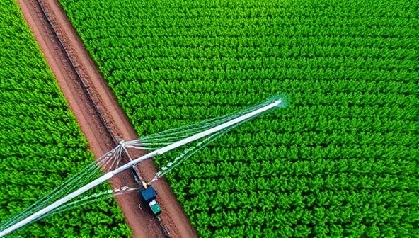 An aerial view of a smart irrigation system in action, with sensors monitoring soil moisture levels and adjusting water flow, surrounded by lush green fields, showcasing efficient water management in agriculture.
