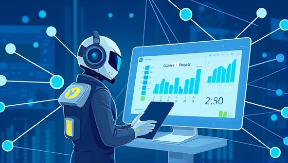 An illustration of a futuristic virtual assistant (Genie) managing a digital dashboard of expense reports and receipts, surrounded by a network of interconnected data points, symbolizing efficiency and automation.