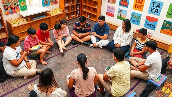 An image of a diverse group of individuals sitting in a circle, actively engaged in a storytelling workshop, with colorful storyboards and creative props around them, fostering a vibrant and collaborative storytelling environment.