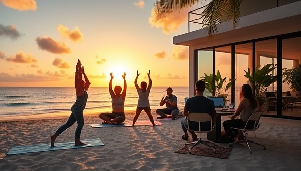 An enticing promotional video showing a group of remote workers enjoying a sunset yoga session on a tropical beach, followed by a team brainstorming session in a vibrant coworking space, capturing the essence of work-life balance during a workation.