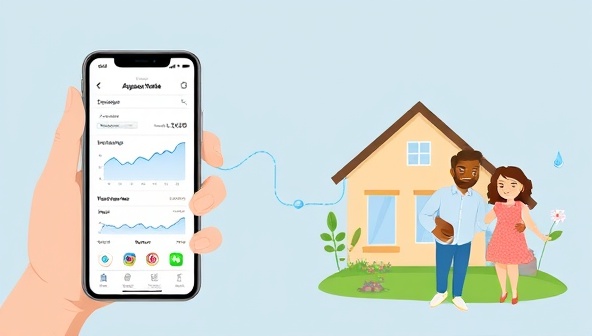 An illustration of a smartphone displaying the AquaSense Tech app with graphs showing water usage trends, a smart water meter connected to a house, and a happy family conserving water together, symbolizing smart water management.