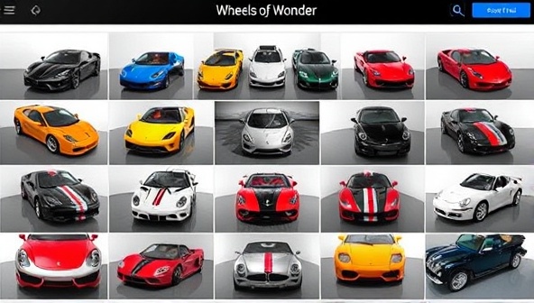 A captivating lineup of exotic and vintage vehicles showcased on the Wheels of Wonder platform, featuring iconic sports cars, classic convertibles, and luxury sedans arranged in a visually appealing grid, capturing the essence of luxury car rental experiences and exclusive driving opportunities.
