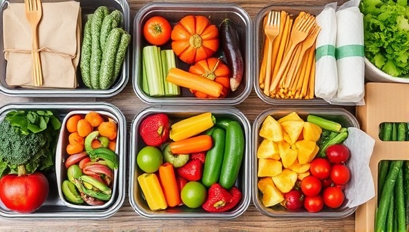 An appealing image of fresh, vibrant produce arranged in reusable containers, accompanied by eco-friendly packaging materials like bamboo utensils and compostable wraps, showcasing the eco-conscious approach of GreenPrep Eats.