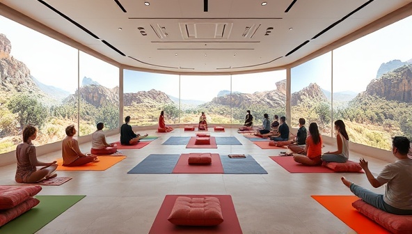 An immersive digital artwork depicting a serene virtual retreat environment with yoga mats, meditation cushions, and calming nature scenes on screens, surrounded by virtual attendees engaging in wellness activities, fostering a sense of relaxation and community.