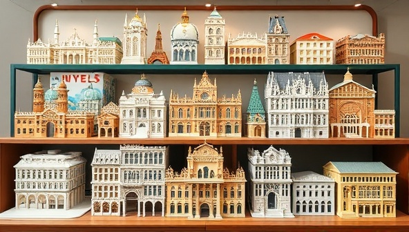 An artistic representation of a diverse range of architectural DIY kits displayed on a virtual marketplace, featuring iconic landmarks, modern structures, and historical buildings, inviting customers to embark on a creative architectural journey from the comfort of their homes.