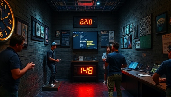 An immersive escape room setting with intricate puzzles, teams collaborating to solve challenges, players placing bets on their escape progress, a timer ticking down, and a sense of urgency and excitement in the room, capturing the thrill of the adventure betting escape experience.