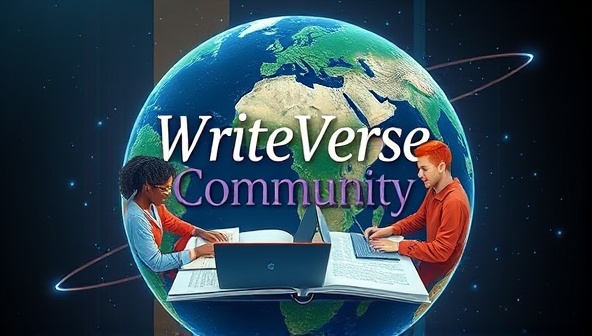 An artistic representation of the WriteVerse Community platform, with diverse avatars of writers typing collaboratively on a virtual document, surrounded by a digital globe symbolizing global connectivity and shared storytelling experiences.